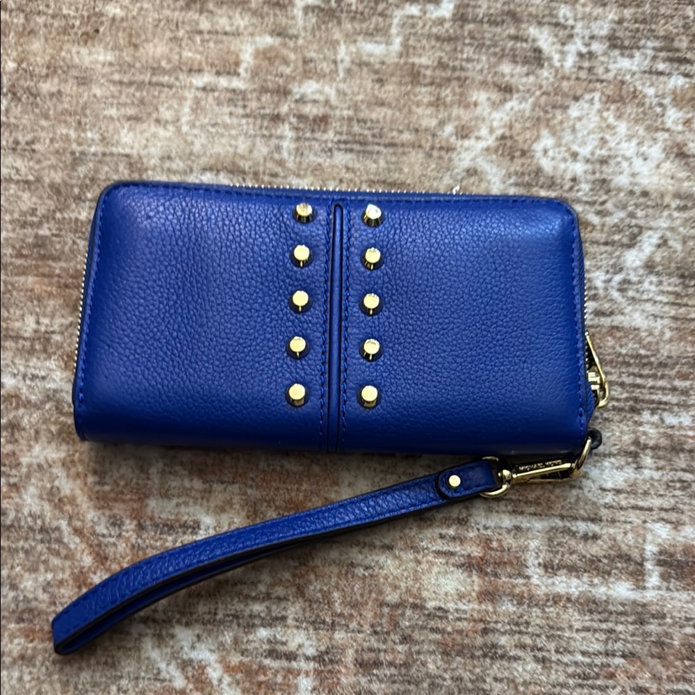Michael Kord Blue Leather Wristlet with Gold Studs